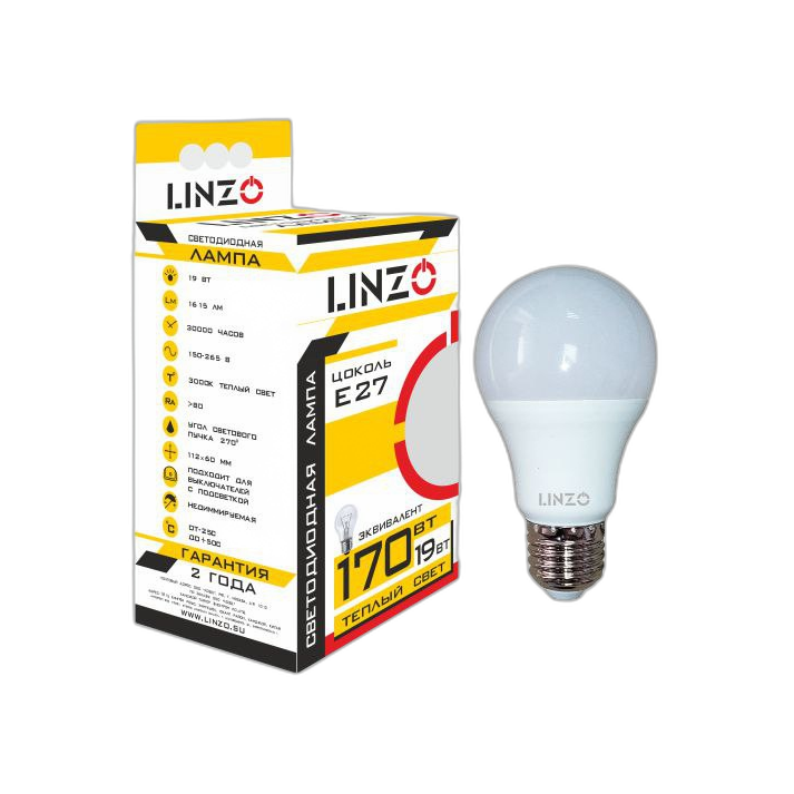 Лампа светодиодная LINZO LED A65 19W E27 3000K